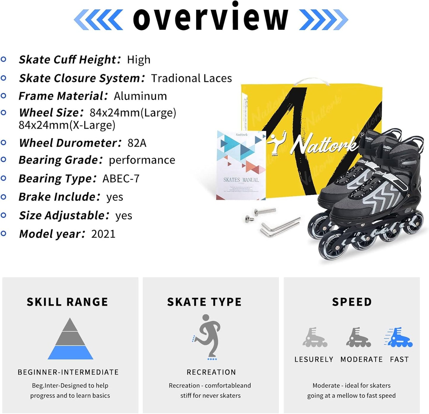 Nattork Adjustable Inline Skates - Perfect for Adults & Teens | Indoor & Outdoor Use, Ideal for Beginners