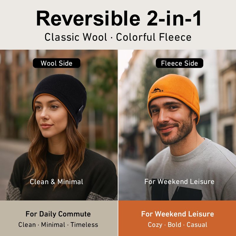 TOP-EX DryKnit Waterproof Reversible Wool Beanie Hat for Men Winter Knit Skull Cap Fleece Lined Windproof Watch Cap Gift for Dad Christmas Outdoor Work Ski Running Warm Black XL/XXL