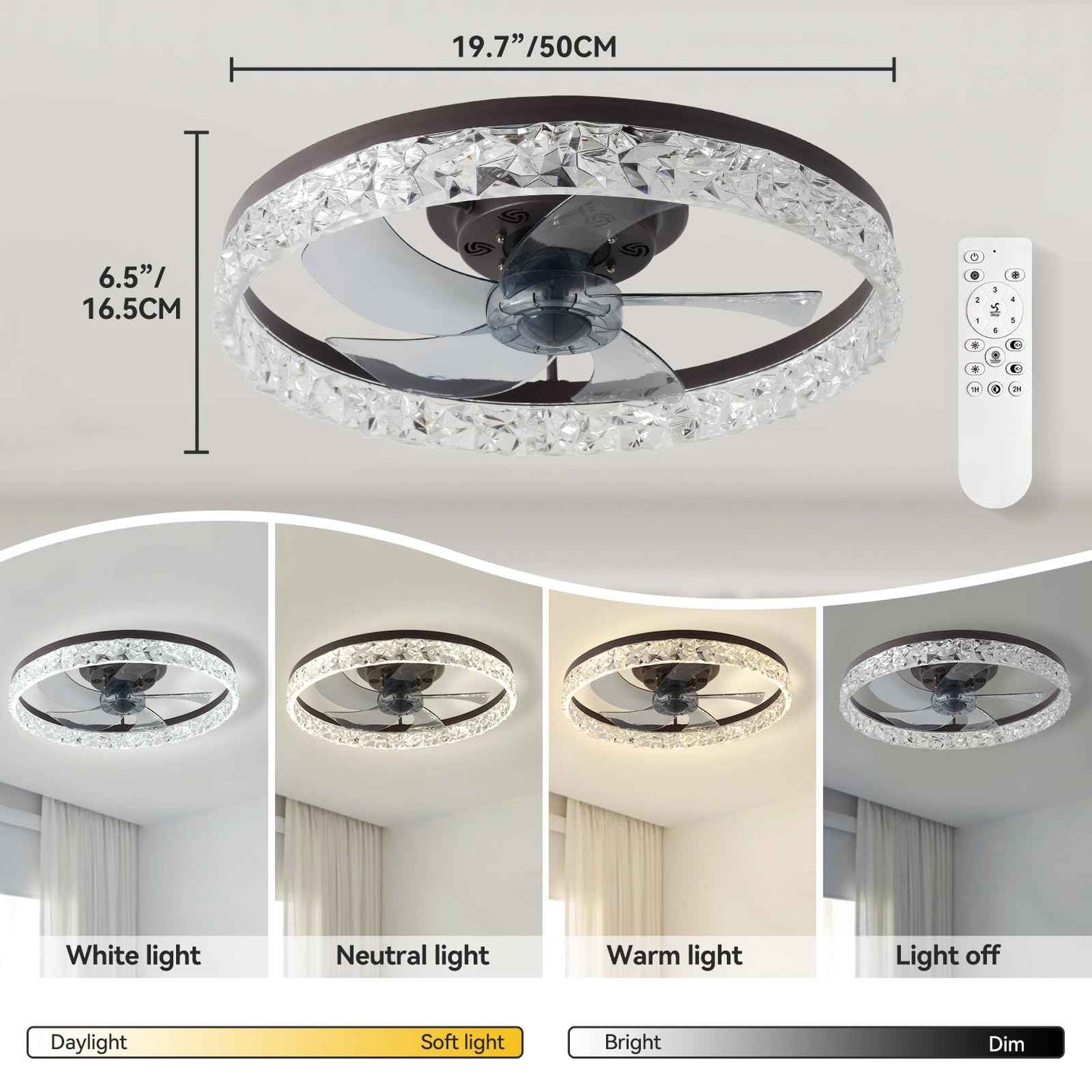 FRIXCHUR 20" Modern Ceiling Fan with Lights and Remote Dimmable Low Profile Ceiling Fans Flush Mount Led Ceiling Fan with Light for Bedroom Living Room Kitchen(Brown,6 Speeds 3 Colors Change)