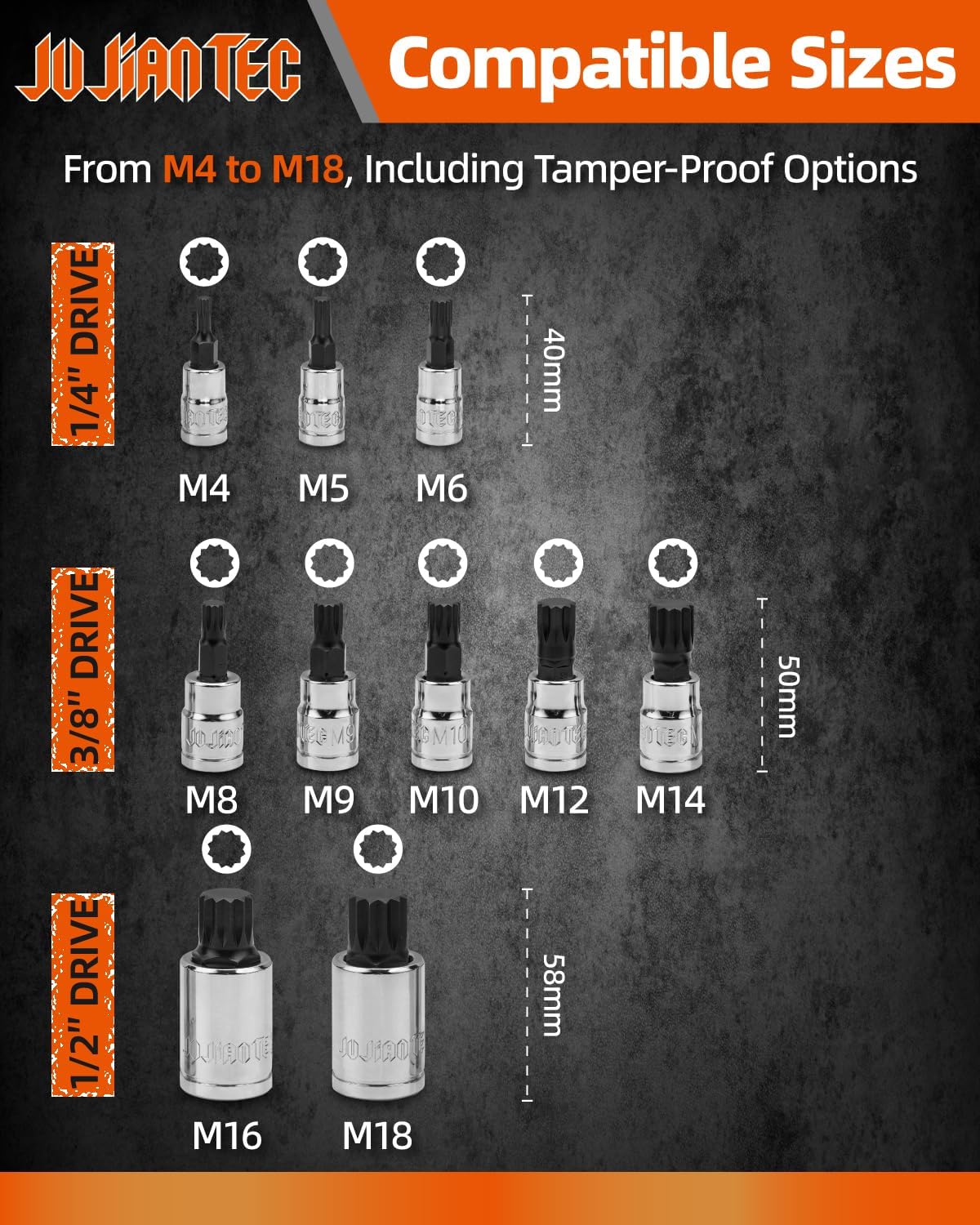 JU JIAN TEC XZN Triple Square Spline Bit Socket Set, 10 Piece, Metric sized, M4 - M18 Set, Premium chrome vanadium Alloy Steel, with Molded Case