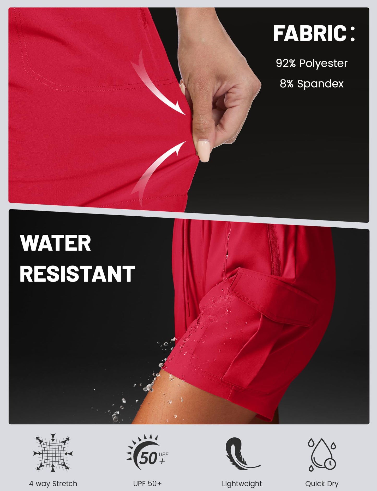 MAGCOMSEN Womens Quick Dry Hiking Shorts Lightweight Cargo Athletic Shorts for Summer Outdoor Travel Zip Pockets Red L
