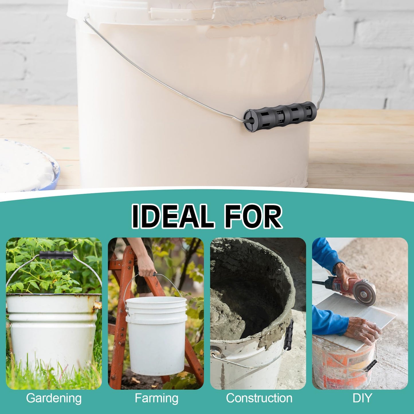 Gulfmew 4 Pack Ergonomic Replacement Bucket Handles Grip – Ergonomic Plastic Handles for 5 Gallon Buckets, Fits Construction, Gardening, Cleaning, Painting, DIY, Farming & Car Wash Use (Black)