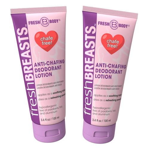 Fresh BREASTS Anti-Chafing Deodorant Cream to Powder for Under Boobs, Inner Thighs - Lotion Made without Talc, Aluminum, Parabens or Added Fragrance, 3.4 Fl Oz (2 Pack)