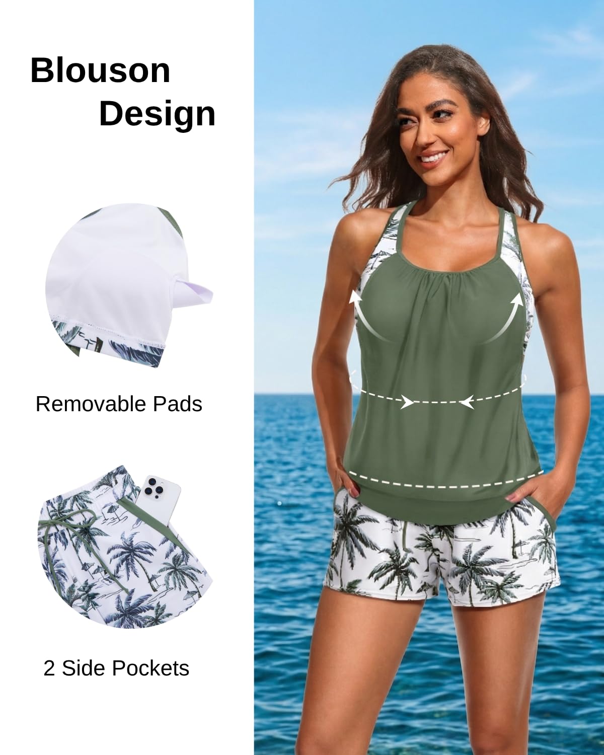 Womens 2 Piece Tankini Swimsuit Blouson Bathing Suit with Pockets Shorts