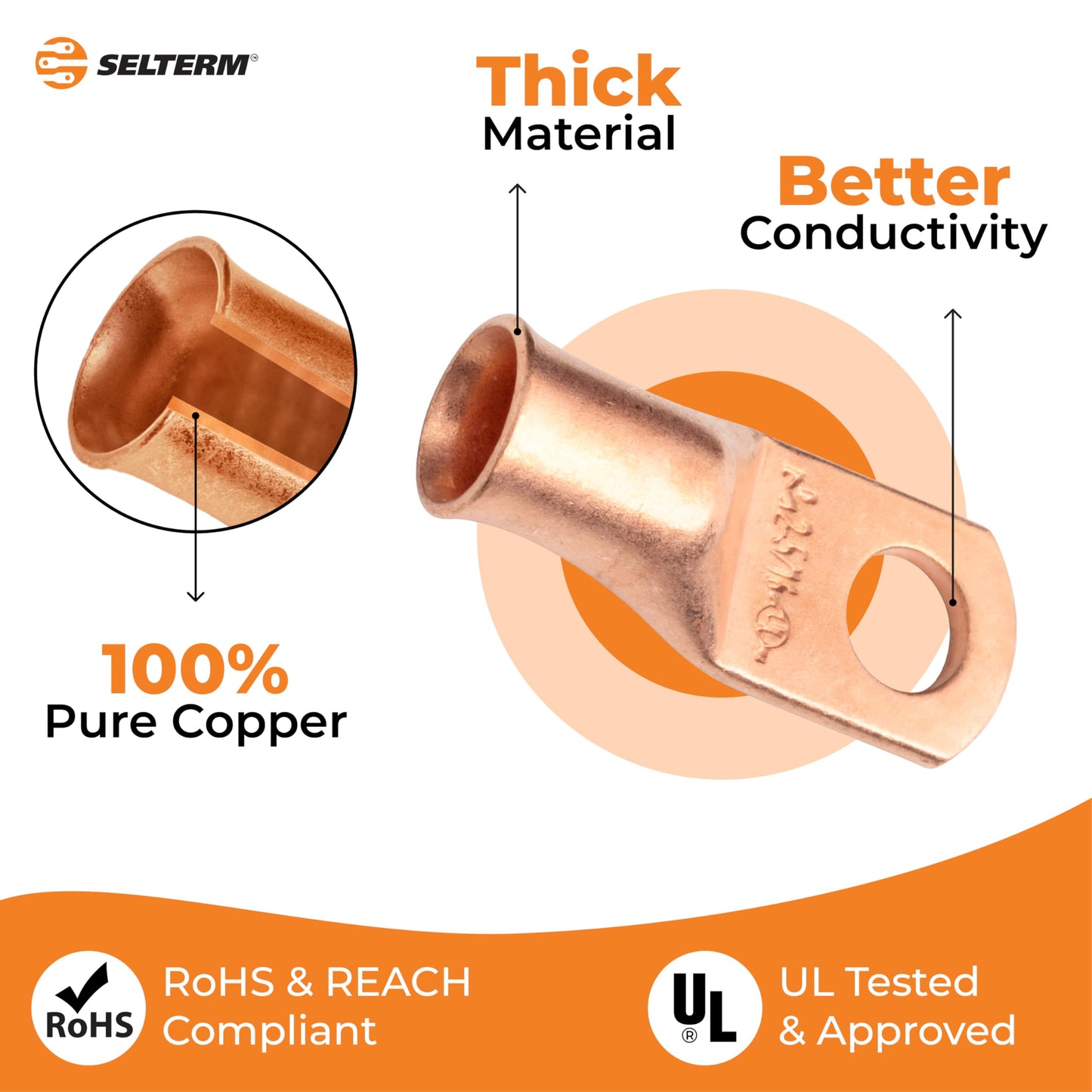 SELTERM 10pcs - 2 Awg - 5/16" Stud - Battery Lugs - Ring Terminal Connectors | with 12pcs 3:1 Black & Red Heat Shrink Tubing with Adhesive | Heavy Duty Battery Cable Ends - Bare Copper Wire Lugs Kit