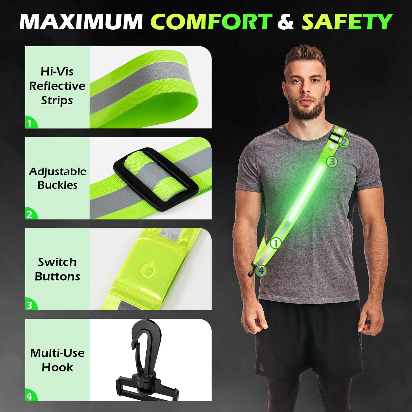 VIREOGEAR LED Safety Sash, USB Rechargeable Reflective Running Gear with 360° High Visibility, Adjustable Light Up Sash, 5 Colors & 11 Flash Modes for Running, Walking, Cycling & Dog Walking