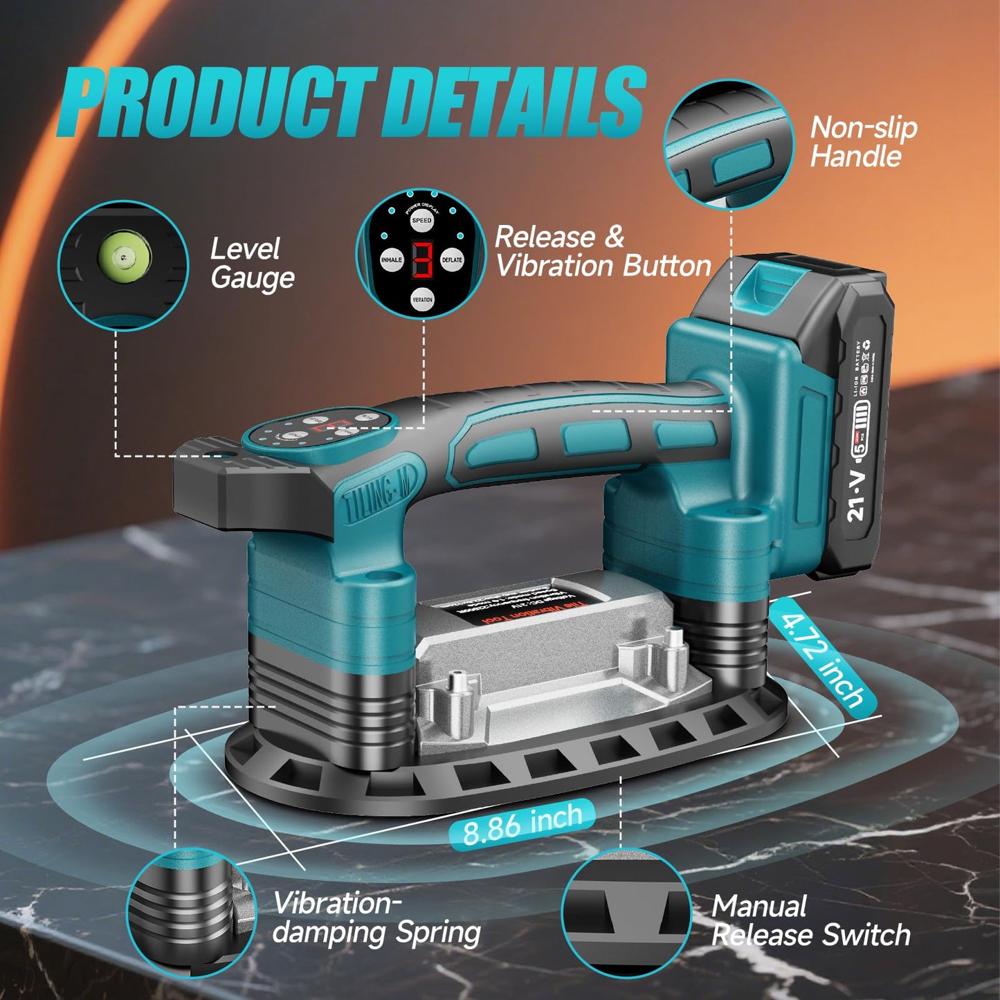 Cordless Tile Vibration Tool, Tile Vibration Leveling Machine with 2 × 1500mah Batteries, Max 28000r/Min 9 Adjust Speed 3-In-1 Portable Tile Suction Cup Tool for Tile, Wood, Floor, Wall