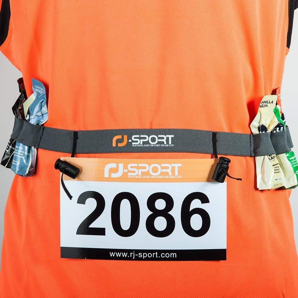 RJ-Sport Race Number Belt - Triathlon Bib Holder with 6 Gel Loops for Running & Cycling