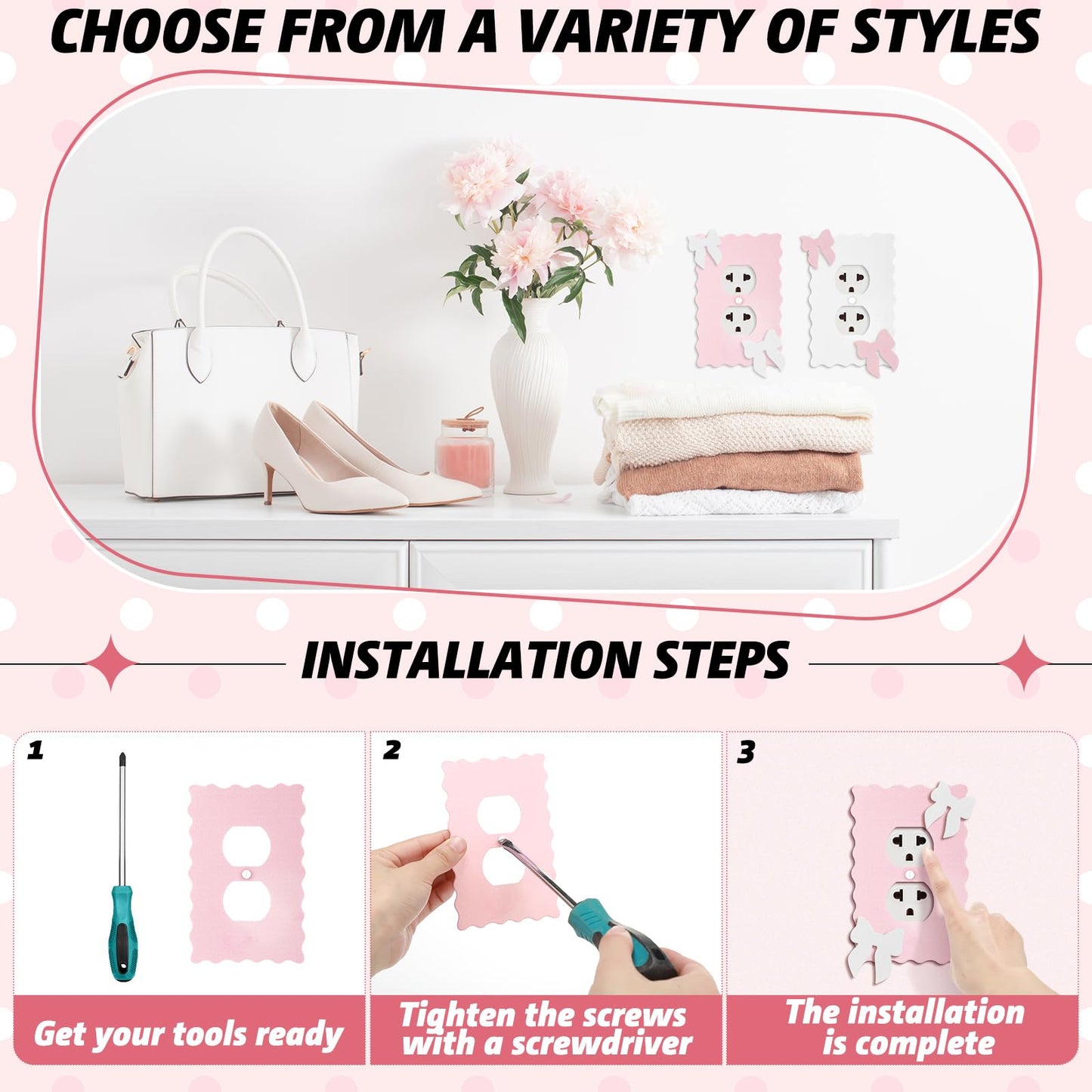 Relaxweex 2 Pcs Pink and white Duplex Outlet Covers Wall Plate Room Decor Metal Pink and White Cute Decorative Outlet Cover for Bedroom Home Decor(Bow)