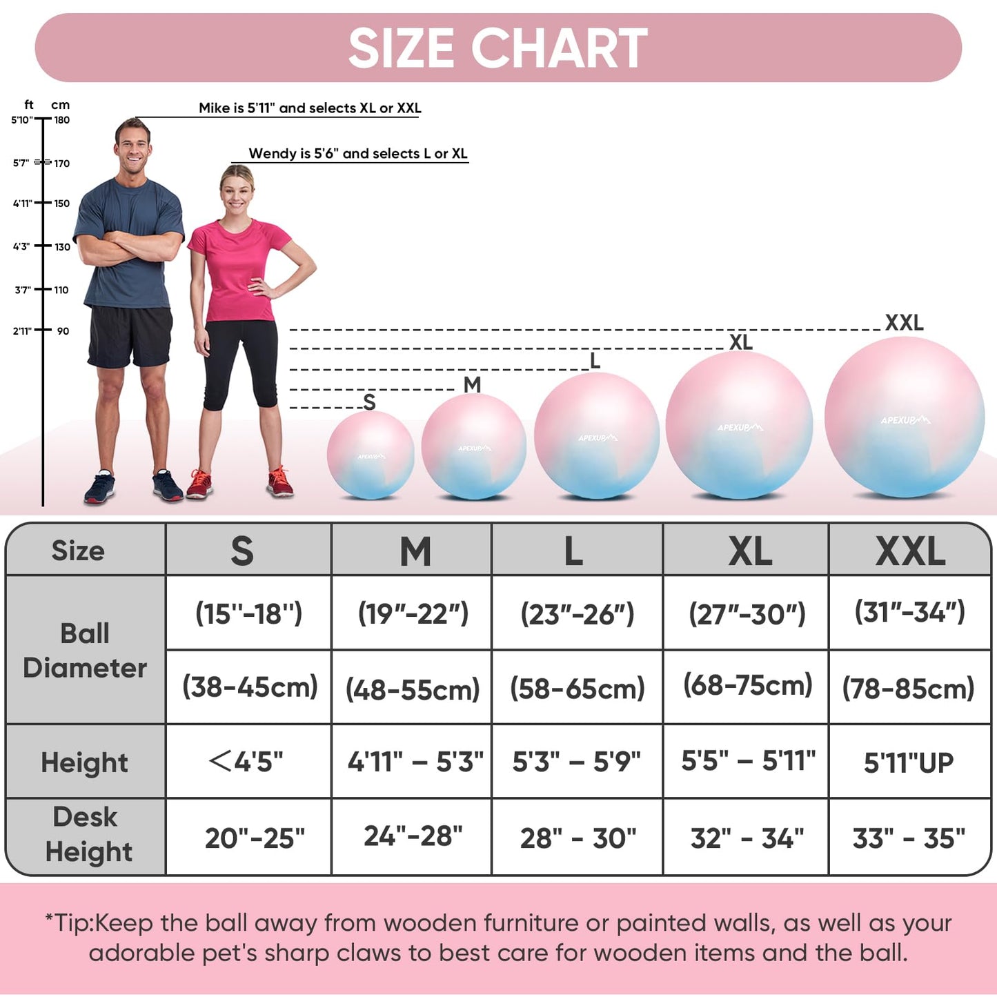 APEXUP Yoga Ball, 660 lbs Anti-Burst Exercise Ball with Pump, 5 Sizes (M (19"~22") 55cm, Blue Pink)