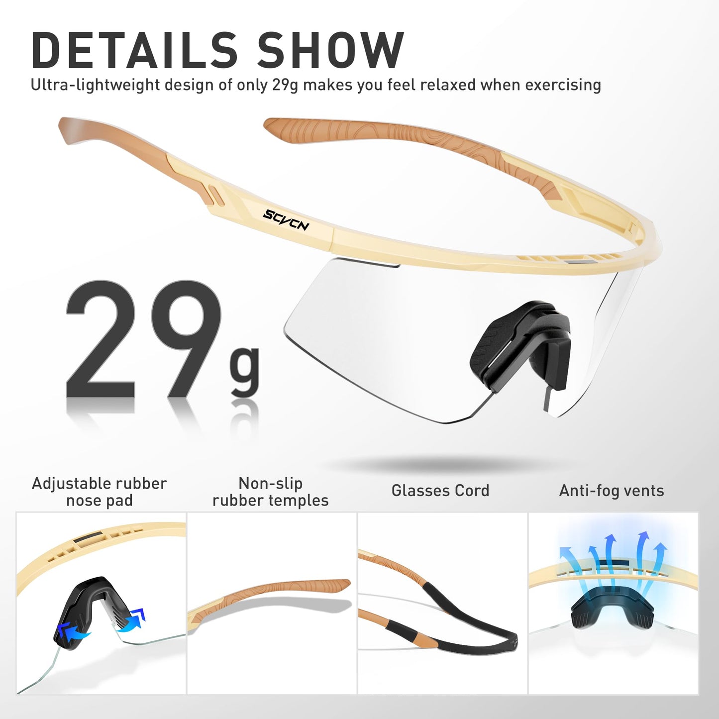 SCVCN Photochromic Cycling Glasses, UV400 Protection, TR90 Frame, Men Women Clear Sports Sunglasses for Cycling, Running, Baseball, mtb, Driving, mountain bike and other outdoor sports 09
