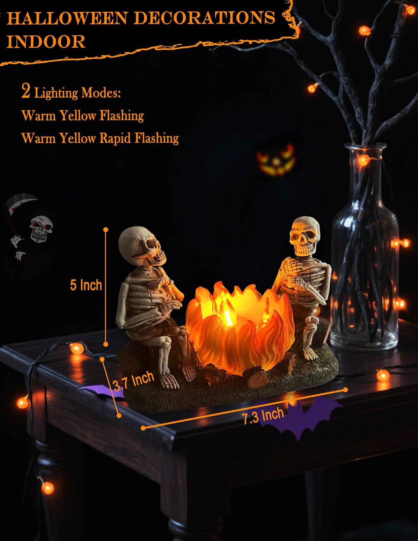 Htscudtg Halloween Skeleton with Pumpkin Campfire Nightlight, Flickering 3D Flameless Lights Halloween Indoor Decor, Light Up Jack O Lantern, Scary Skull Statue Lamp for Table Mantel