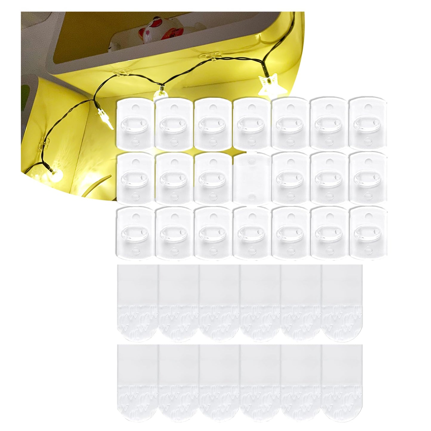 Karsbarwe 60 Clips+66 Strips, Indoor Mini Clear Light Clips with Adhesive Strips, No Damage Mini Wall Hooks, Removable Small Clear Hooks for Christmas and Festival Decoration