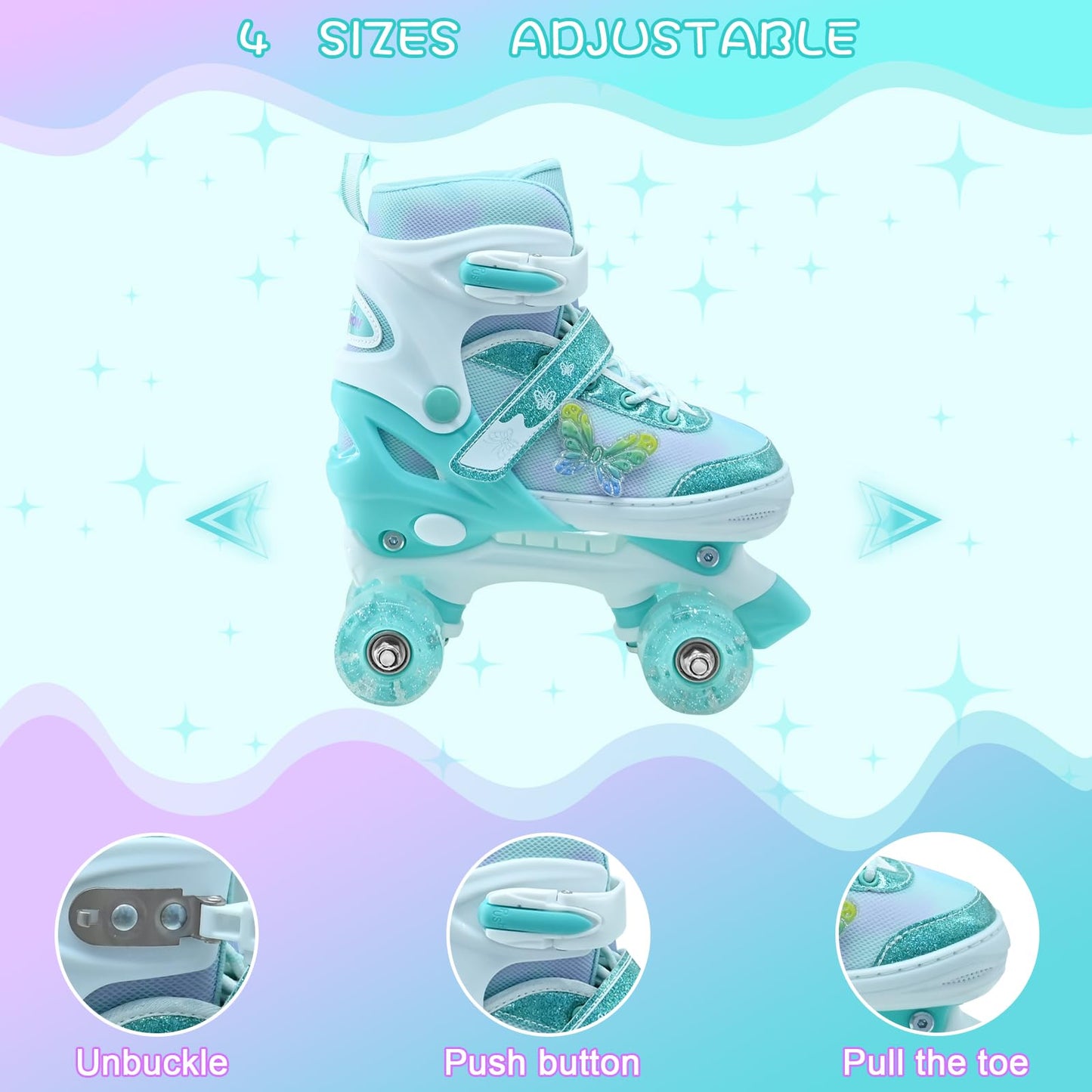 SMOOJOY Kids Roller Skates for Girls-Outdoor 4 Size Adjustable Butterfly Quad Rollerskates for Indoor Ages 3-15 Years Beginners Children's Birthday Gift with Light Up Wheels patines para niñas Indoor
