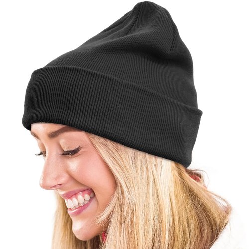 Cotton Beanie Hat for Women Men, Double Warm Knit Winter Hats, Fisherman Slouchy Ski Cuffed Beanies Skull Cap Black