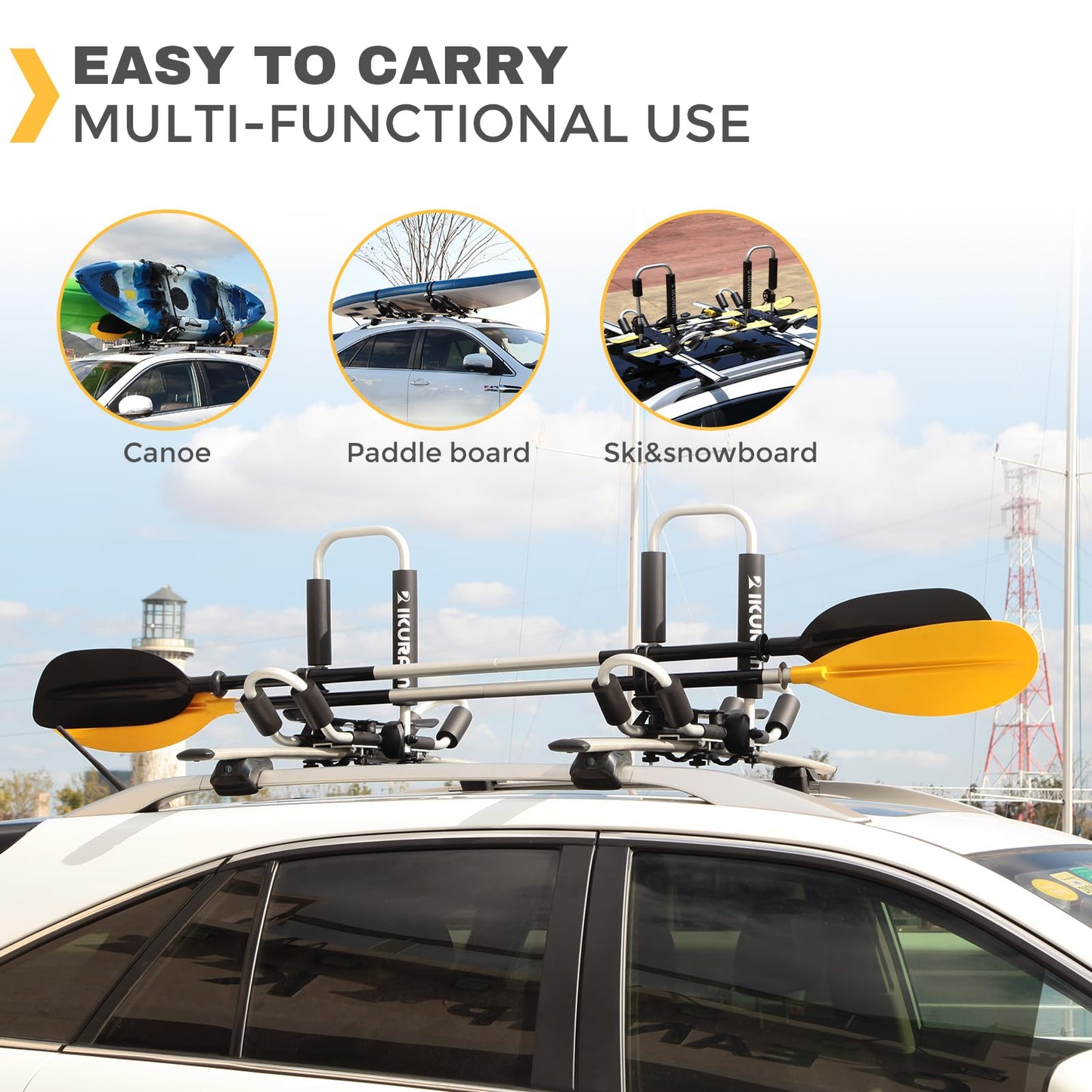 IKURAM R Aluminum Kayak Roof Rack Folding J-Style Universal 4-in-1