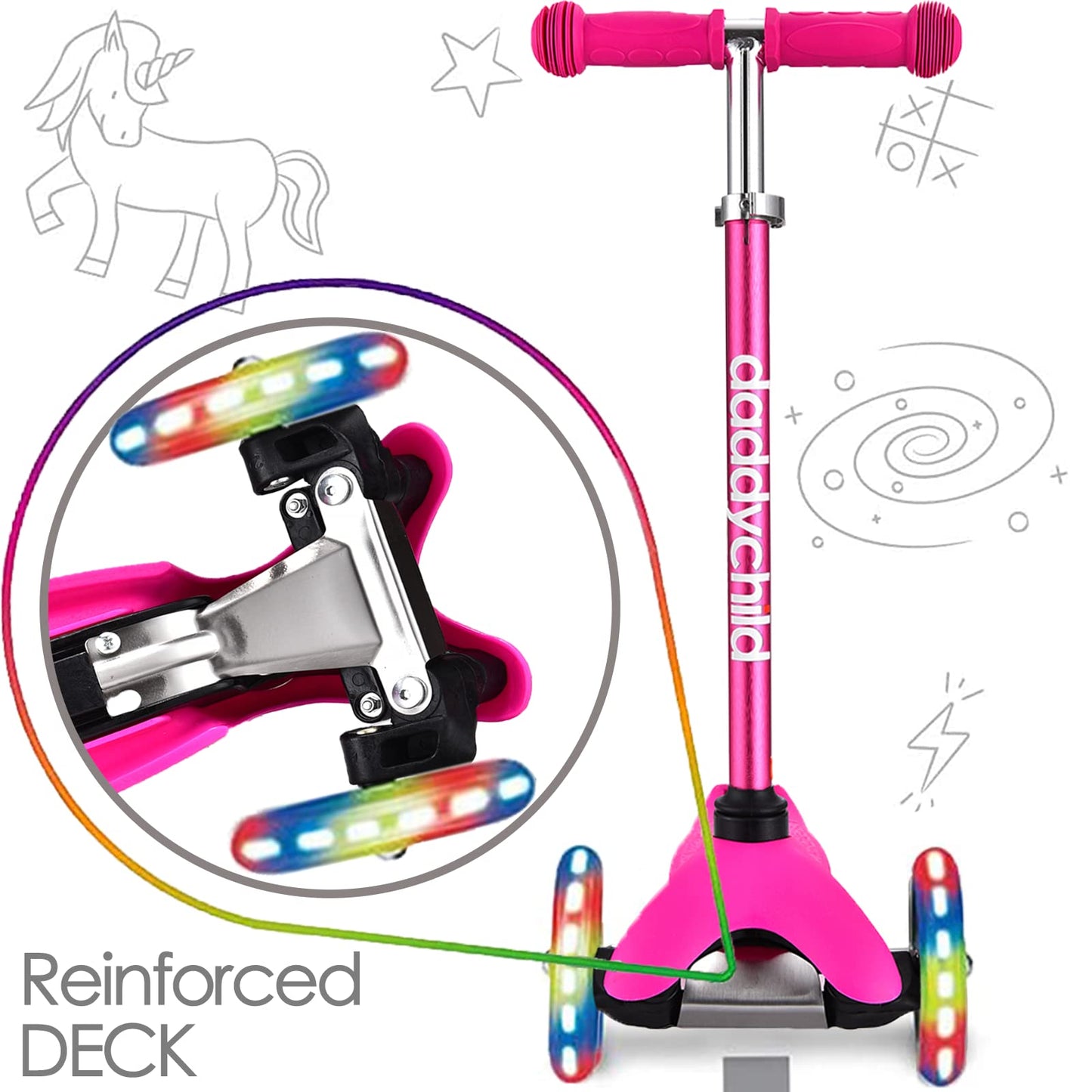 3-Wheel Kick Scooter for Kids Ages 3-8 Lean-to-Steer Toddler Scooter with Extra Wide Light Up Wheels, 4 Adjustable Heights, Foldable Scooters for Boys & Girls, Max Weight 110lbs (Pink)