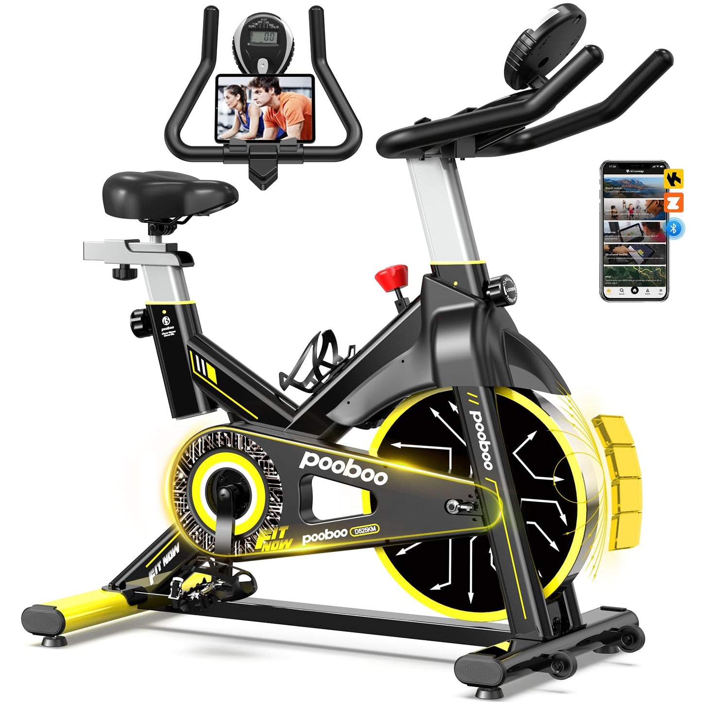 POOBOO Magnetic Exercise Bike, Quiet Stationary Bike with APP and 350lbs Weight Capacity, Indoor Cycling Bike with LCD Monitor and Tablet Holder, Heavy Duty Workout Bike for Home Gym Weight Loss