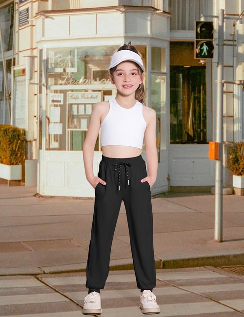 Hvididan Girls Hiking Pants Black Joggers Cooling Baggy Pants Lightweight Quick Dry Athletic Sweatpants for Girls 10-12 with Pockets Soft Breathable Summer Lounge Jogging Kids Teens Toddler