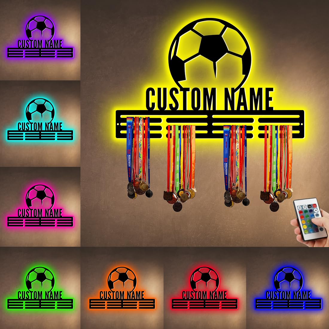 XIAO.Z Personalized Metal Soccer Medal Hanger Holder Display Rack for Awards Ribbons With LED Light - Custom Sports Medal Holder for Wall - Boy Girl Kid's Name