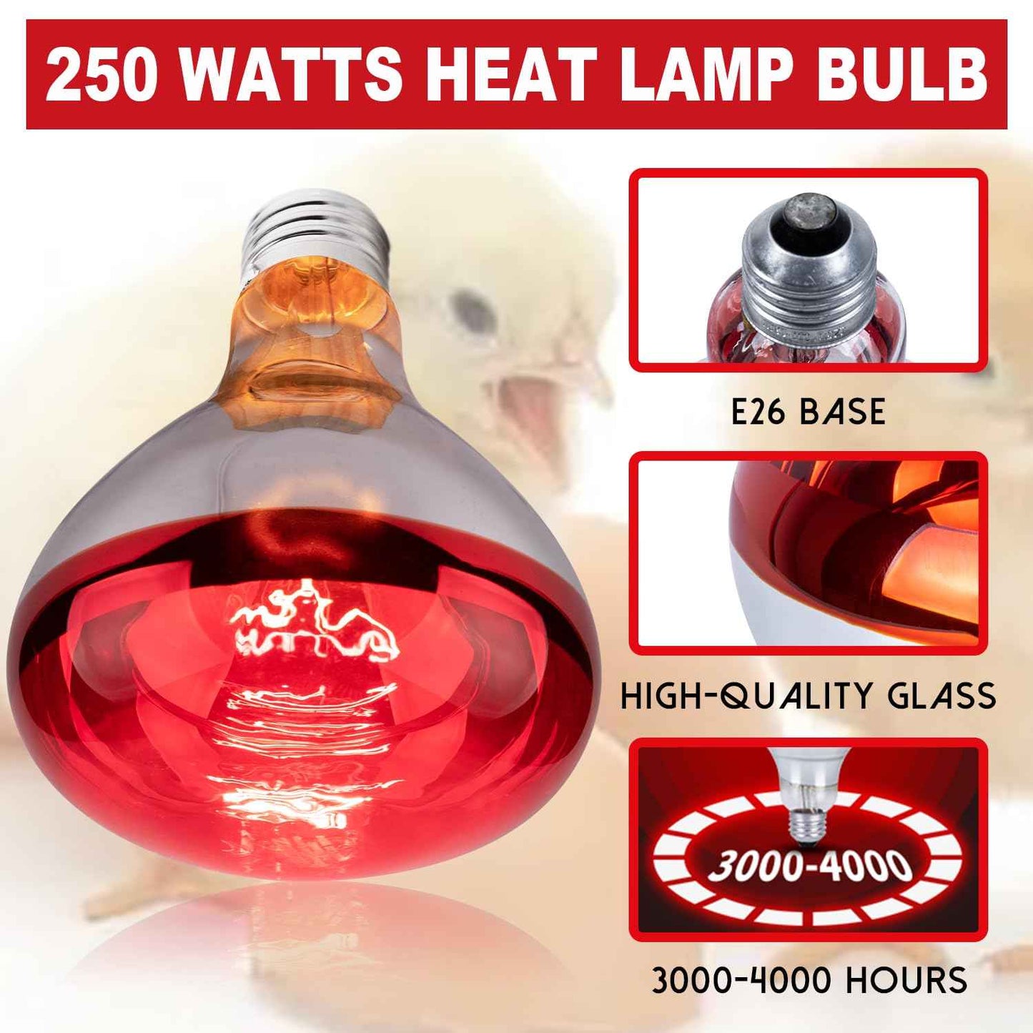 Wesome Lighting 250 Watt Heat Lamp Bulbs for Chicks, R40 Brooder Heat Lamp for Chickens, Infrared Reflector Heat Bulbs for Brooder Heater, Incandescent Spotlight for Pet, Bathroom, Food (2 Pack)