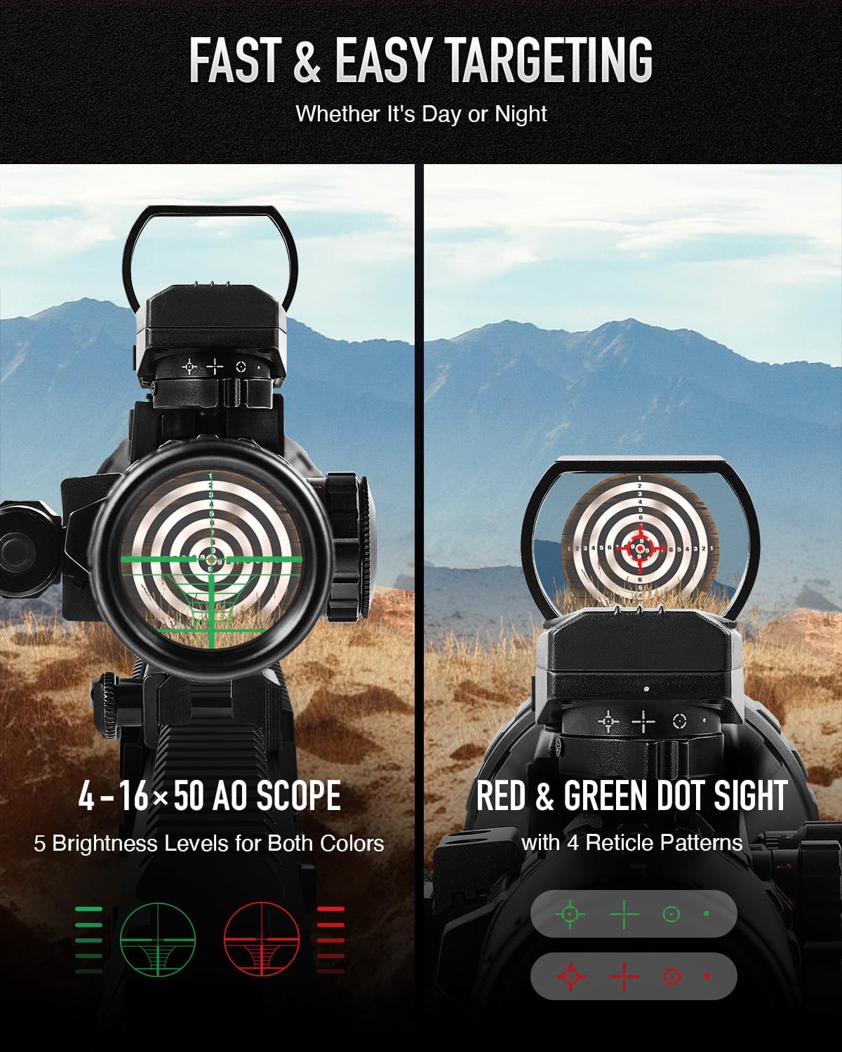 PINTY Tactical Rifle Scope Combo - Illuminated Optics & Red Dot Sight | 3-9x32, 4-12x50, 20mm Picatinny Rail