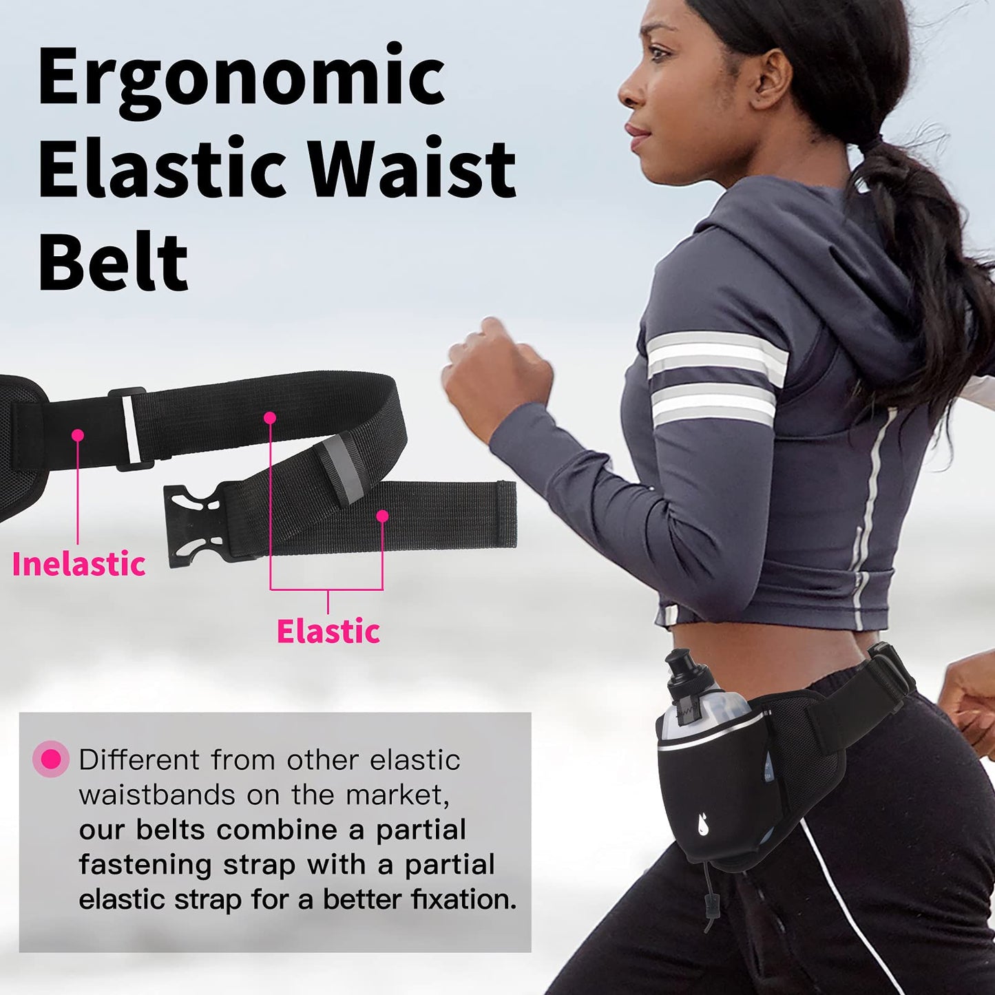 PYFK Running Belt with Water Bottles, Hydration Belt for Men and Women, Water Bottle Holder Running Pouch Water Belt, Fanny Pack Fits 7 inches Phones, Waist pack for Runner Jogging (rose red)