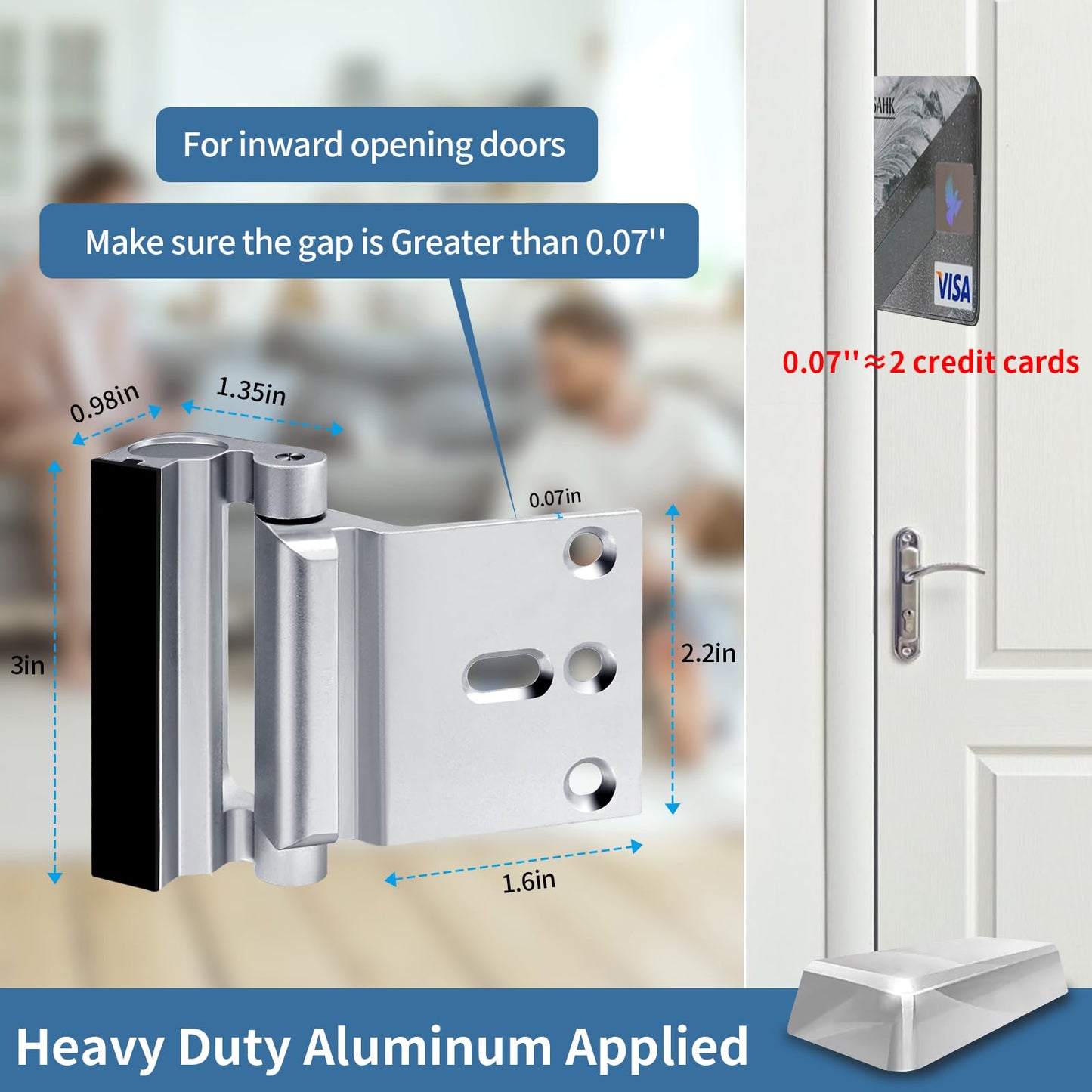 Home Security Door Reinforcement Lock Safety Latch Extra Front Doors Security Devices, Anti Door Kick in Safety Protector for Door Inside, Child Proof Aluminum Locks Silver 1Pack