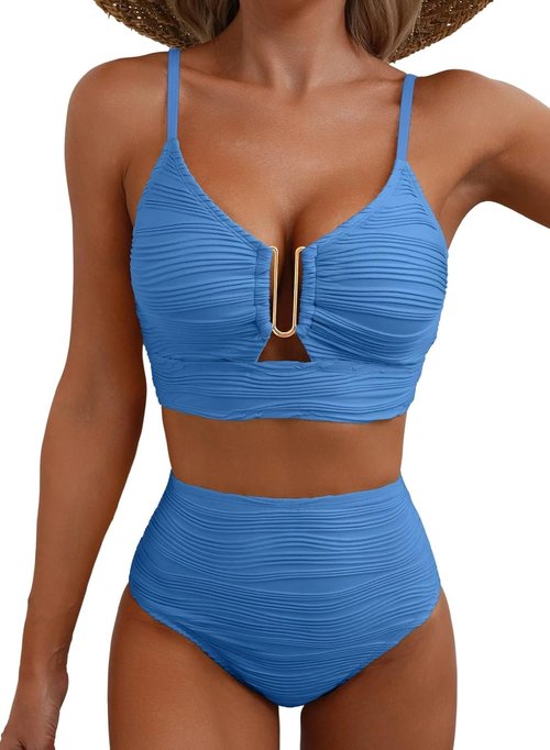 Herseas 2-Piece Bikini Set - U-Wire Cutout High-Waisted Textured Swimsuit for Summer Beach 2026