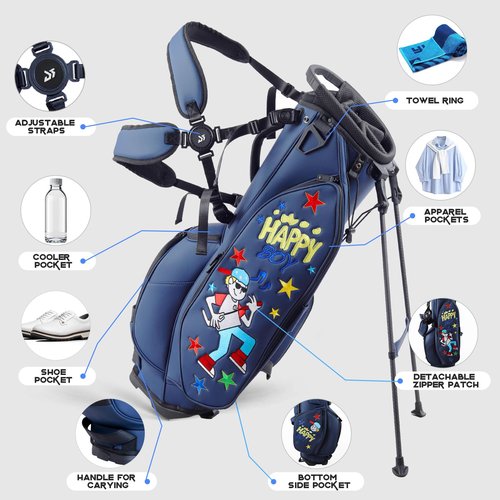 Golf Stand Bag with 5-Way Dividers, Waterproof PU Leather, Funny Detachable Patch, 7.3 lbs for Men & Women, (Navy EMB)