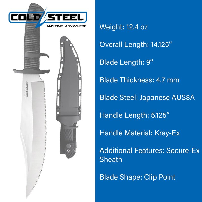 Cold Steel Marauder Fixed Blade Tactical Bowie Knife with Sheath, Serrated