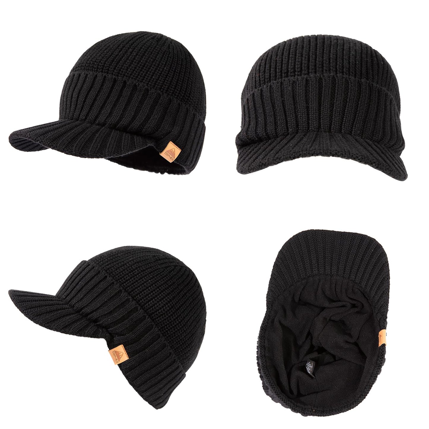 TOP-EX Dryknit Waterproof Merino Wool Mens Winter Ski Beanie Hat with Brim Fleece Lined Thermal Knit Cap for Hiking & Cold Weather Black M/L