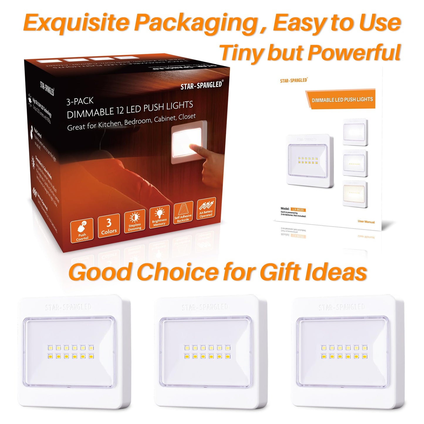 STAR-SPANGLED 3 Pack 3.7” Dimmable Push Tap Lights, Stick on LED Touch Lights AA Battery Operated, 3 Color Modes Sticky Button Lamps for Classroom, Kitchen, Under Cabinet, Closet