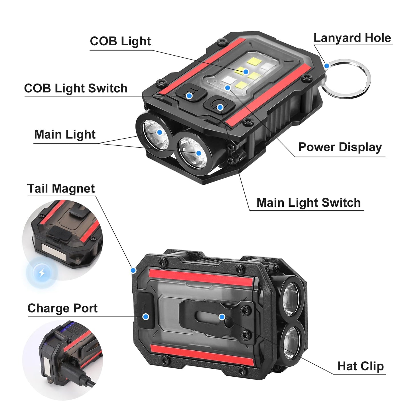 SUNPRO Mini Keychain Flashlight with Clip, 8 Modes Pocket Flash Light, Red Blue COB Side Light, Type-C Rechargeable for Hiking, Camping, Emergency (1, Black)