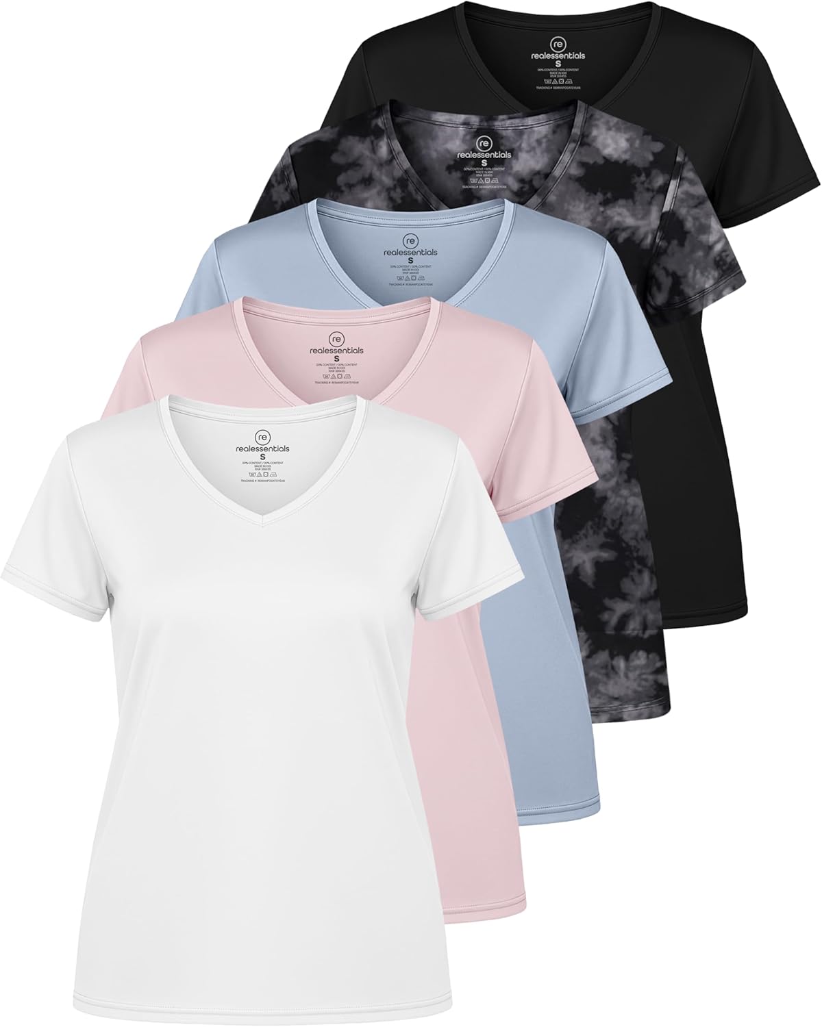 Real Essentials Women's Dry-Fit V-Neck Short Sleeve T-Shirt - 5 Pack Workout Yoga Tops | Plus Size Available
