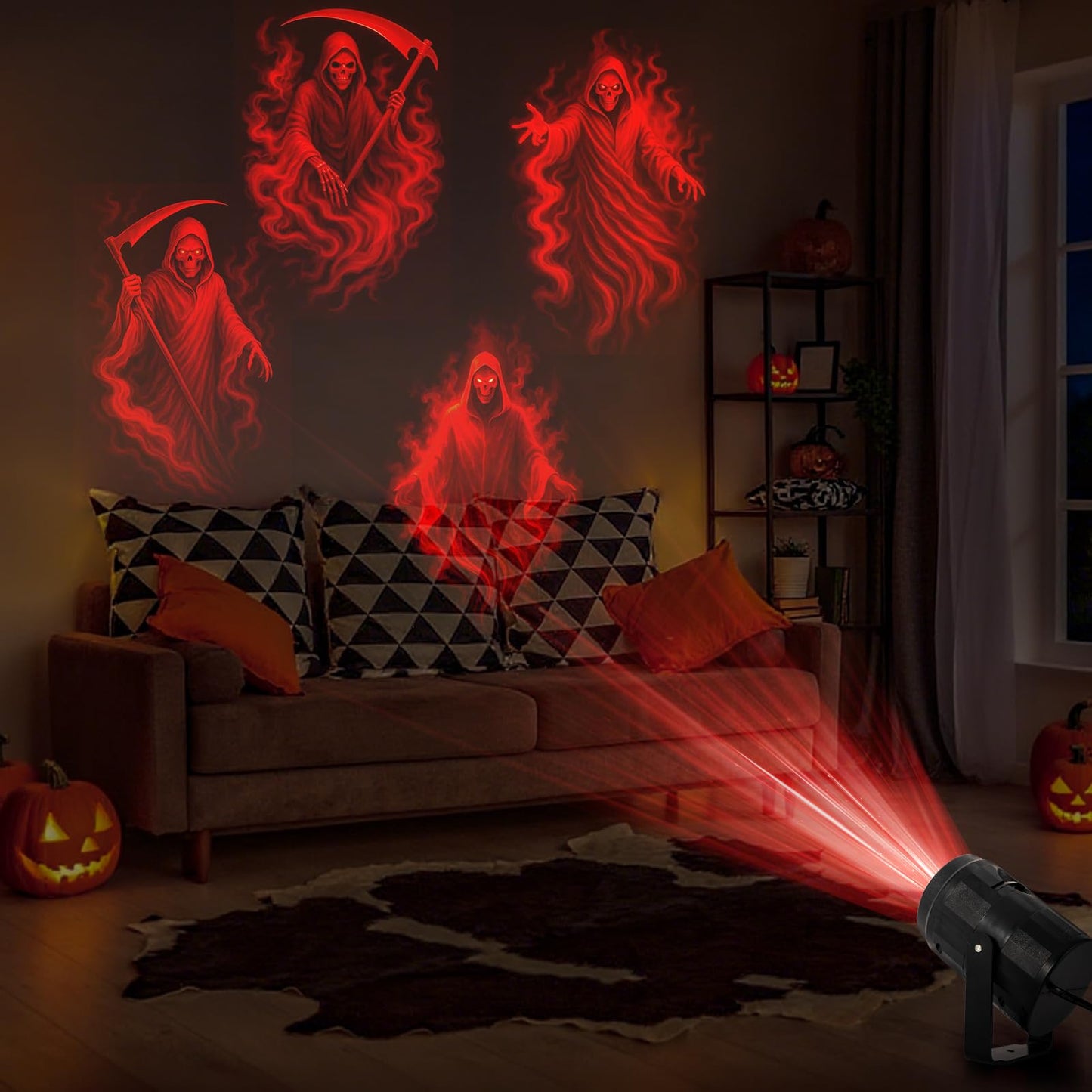 4 in 1 Grim Reaper Halloween Projector Lights Indoor Rotating LED Digital Ghost Projector Halloween Indoor Wall Party Home House Patio Garden Yard Halloween Lights Decorations