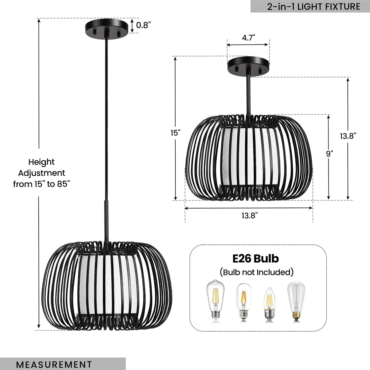 Black Chandeliers Ceiling Light Fixture, 13.7" Modern Chandelier Drum Metal Frame Pendant Light, Adjustable Hanging Chandelier for Over Table Dining Room Entryway Kitchen Island Living Room(1 Pack)