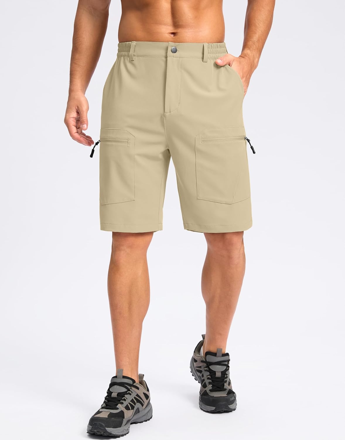 Pudolla Men's Hiking Cargo Shorts - Lightweight 9" Stretch Travel Shorts with 5 Pockets