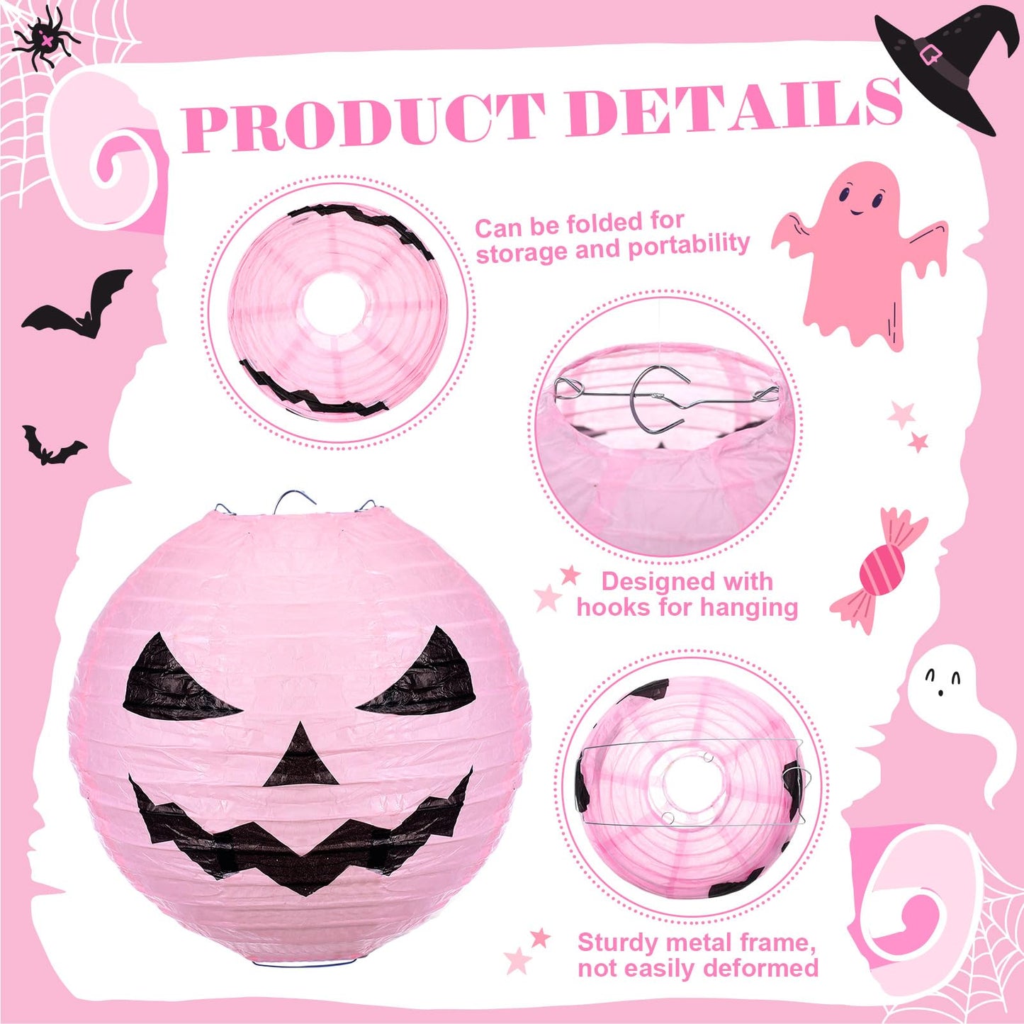 Riakrum 6 Pcs 8 Inch Halloween Jack O Paper Lantern Decoration Halloween Pink Pumpkin Paper Lantern Hanging for Indoor Outdoor Garden Party Decoration