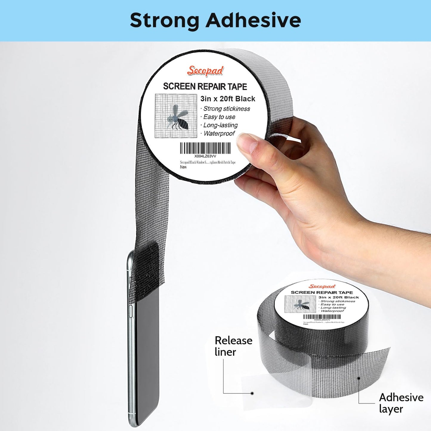 Secopad Black Window Screen Repair Tape, 3IN x 20FT (240IN) Screen Repair Kit for Windows or Doors, Strong Adhesive Fiberglass Mesh Patch Tape