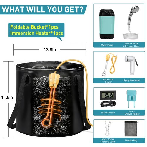 Thallike Portable Shower for Camping with Immersion Water Heater, Rechargeable Camping Shower Pump, Outdoor Hot Shower with 6.6 Gallons Folding Bucket for Camping, Hiking, Traveling, Washing