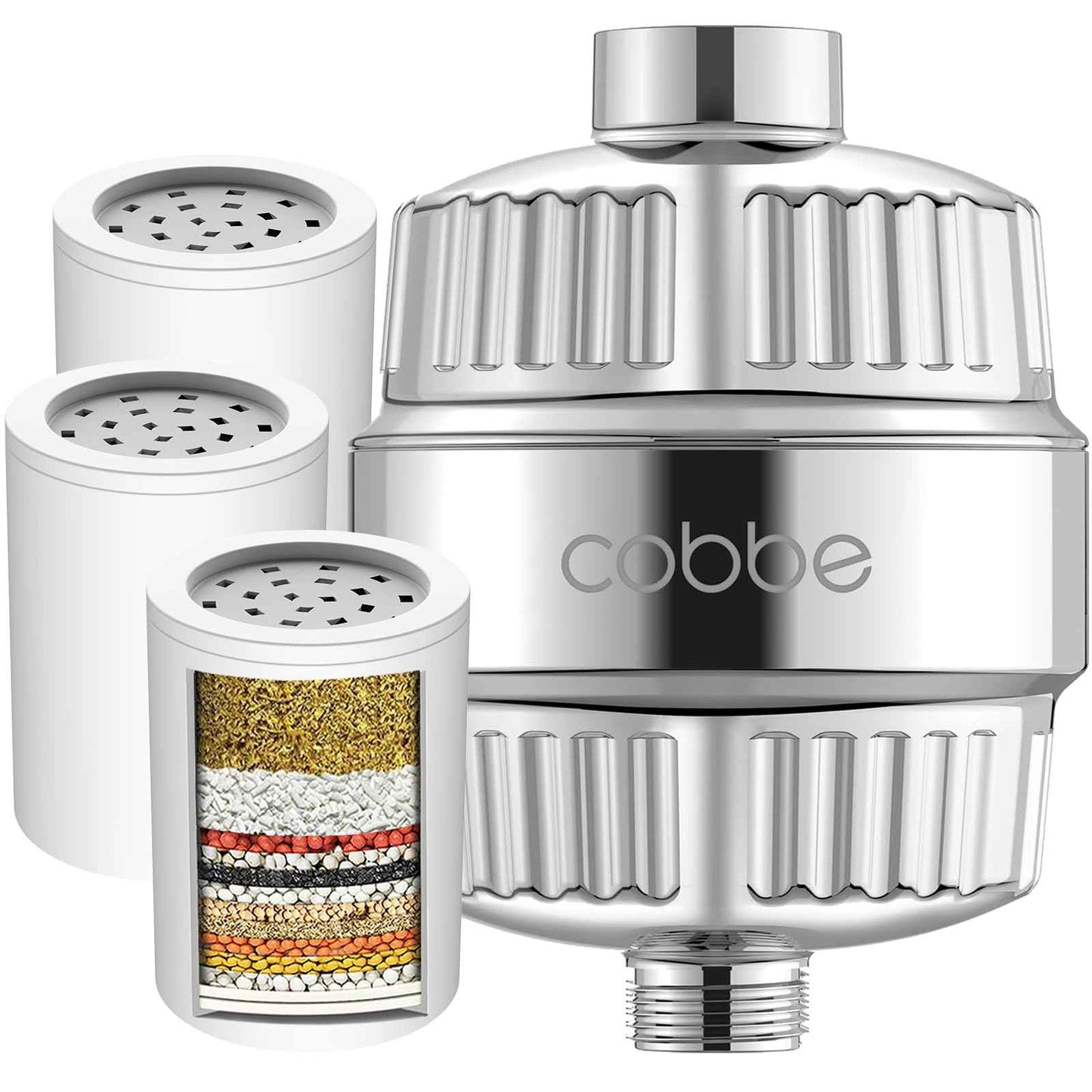 Cobbe High Output Shower Filter for Hard Water - Extra 2 Replaceable Cartridges - Removing Chlorine and Harmful Substance, and Dramatically Improves The Condition of Your Skin, Hair and Nails - Chrome