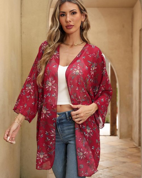 Argstar Women's Kimono Cardigan - Lightweight Chiffon Floral Print Cover-Up | 3/4 Sleeve Summer Beachwear