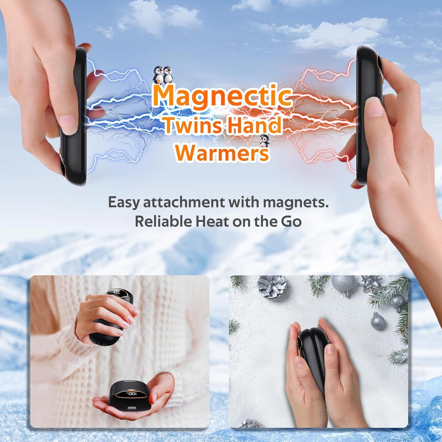 Skiennix Rechargeable Hand Warmers - 2 Pack Magnetic Electric Heater with LED Display & 4 Settings | Portable Fast Heating for Golf, Hunting, Camping Essentials