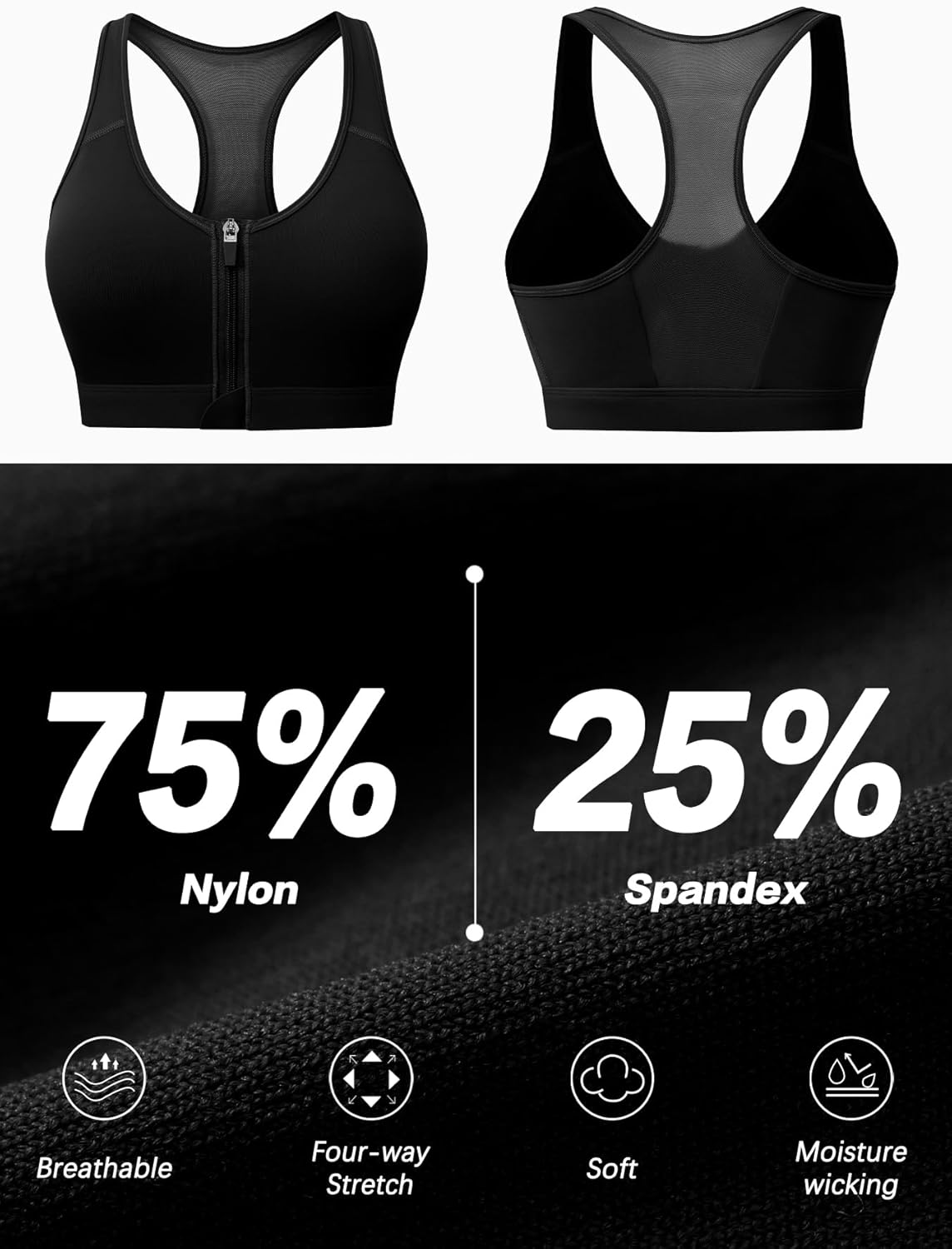 Skiennix High Support Sports Bra - Zip Front Closure Racerback for Women Post Surgery | Comfortable Fit