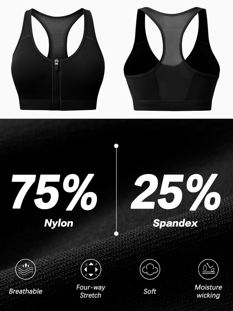 Zip Front Closure High Impact Sports Bra for Women Post Surgery Racerback Sports Bra High Support Workout Running Bras Black