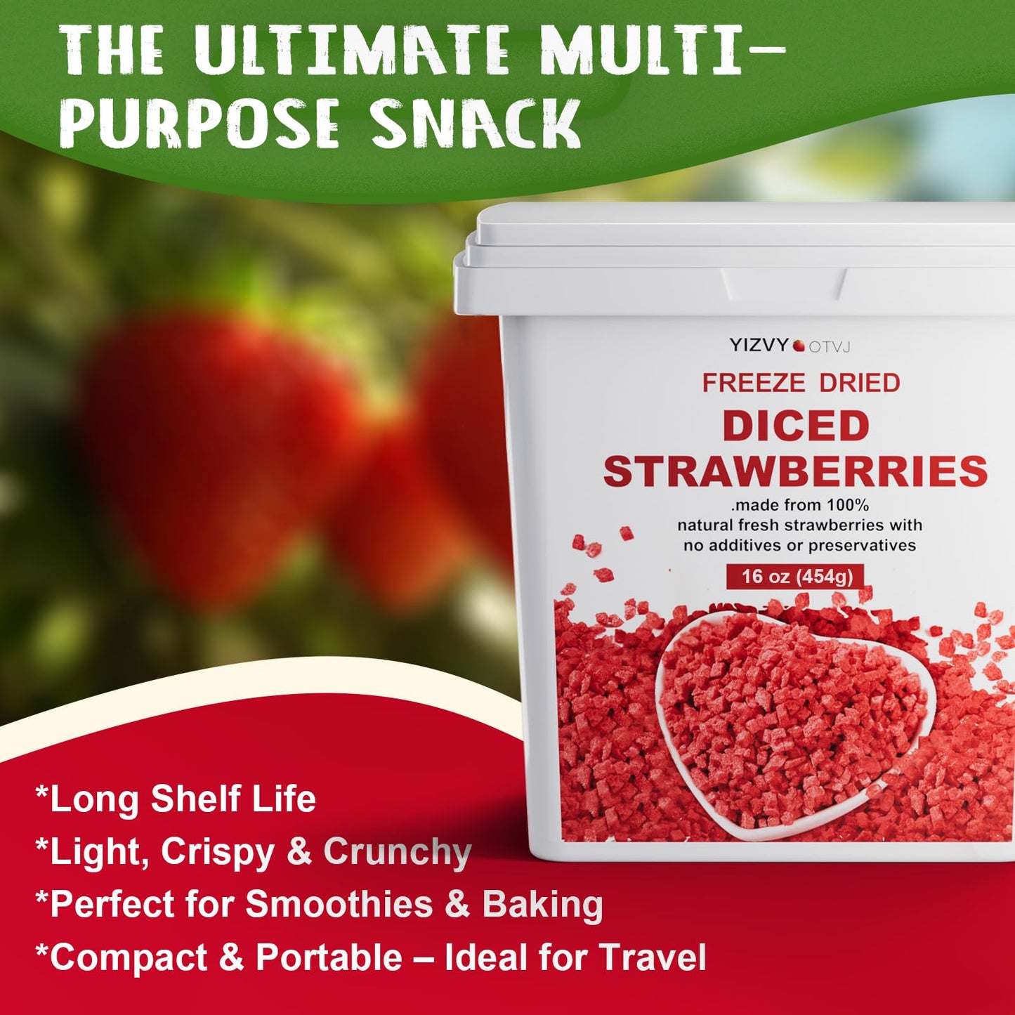 16 Oz/1lb Freeze Dried Strawberries Pieces, Resealable Bucket Dehydrated Strawberry - Premium Dried Fruit Bulk No Added Sugar Snack for Smoothies, Oatmeal, Yogurt, Baking, Dessert & Trail Mix