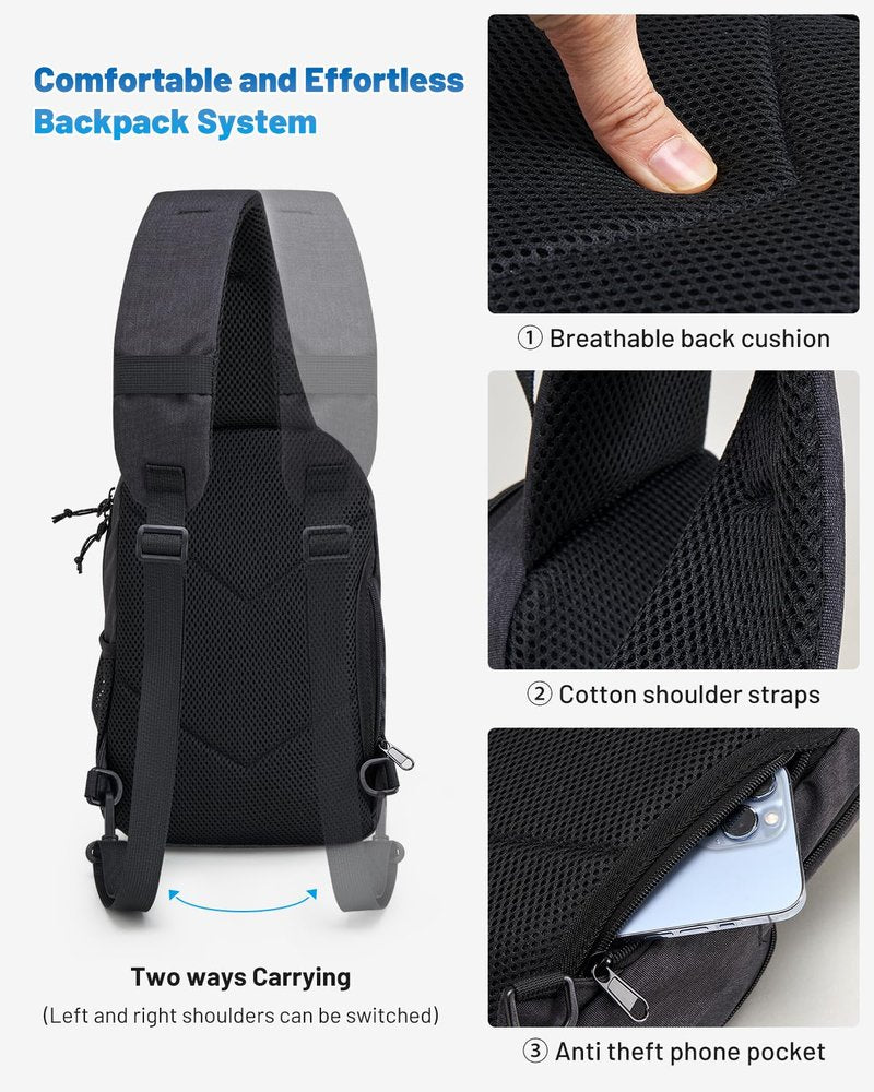 OIWAS Sling Bag Crossbody Backpack for Men, One Strap Backpack Hiking Daypack Chest Bag for Women Large Capacity Water Resistant Shoulder Bags (black)