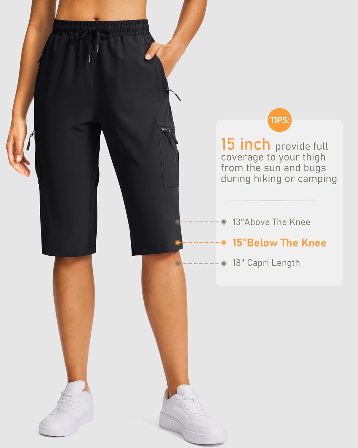 SANTINY Women's Hiking Cargo Bermuda Shorts - Lightweight, Quick-Dry, 15" with 5 Zipper Pockets