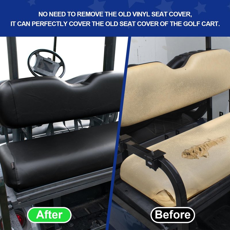 NOKINS Golf Cart Waterproof Rear Seat Covers,Smooth and Simple,No Stapler Required, Fits EZGO, Club Car, Yamaha Vinyl Replacement Seat Cover, Black